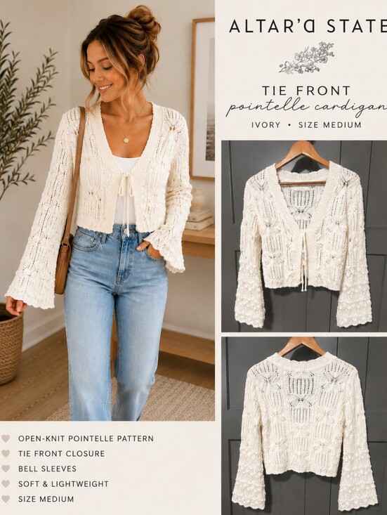 Altar'd State Sweaters - Altar'd State Ivory Tie Front Pointelle Cropped Cardigan Sweater M